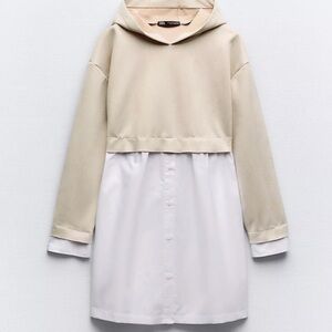 Zara CONTRASTING FAUX SUEDE DRESS Beige Hooded Layered Shirt Dress Jacket